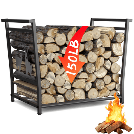 Firewood Rack for Outdoor & Indoor, Fireplace Log Holder, Heavy Duty Metal Wood Storage Organizer, Black
