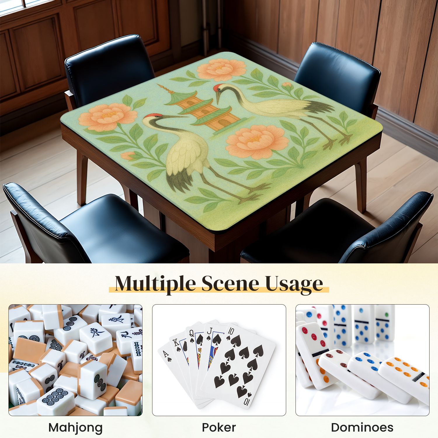 Mahjong Mat 31.5" x 31.5" Elegant Crane Birds Anti-Slip and Noise Reduction Symmetry Design Mahjong Tiles Table Cover for Dominoes Poker Card Board and Tile Games