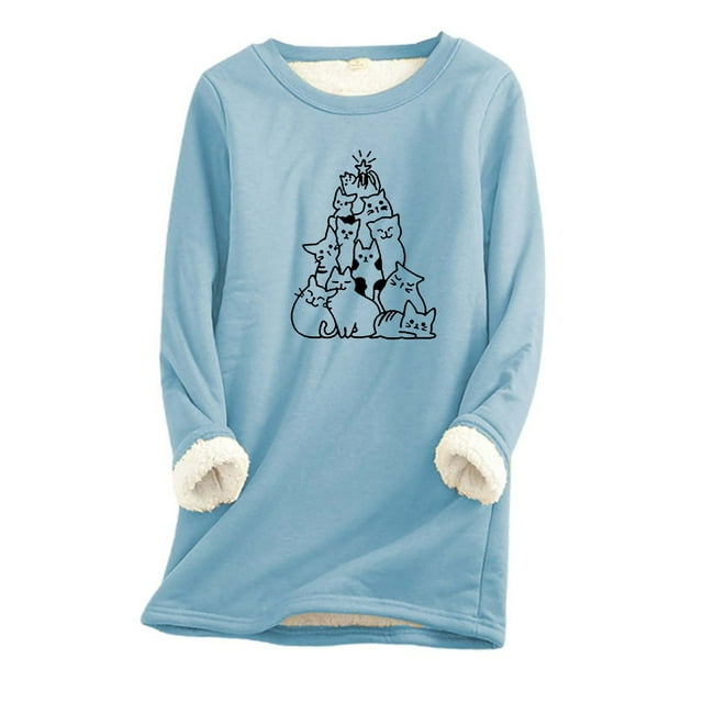 Ladies Christmas Tree Cats Print Long Sleeve Thermal Underwear Base Layer Top For Winter Warmth