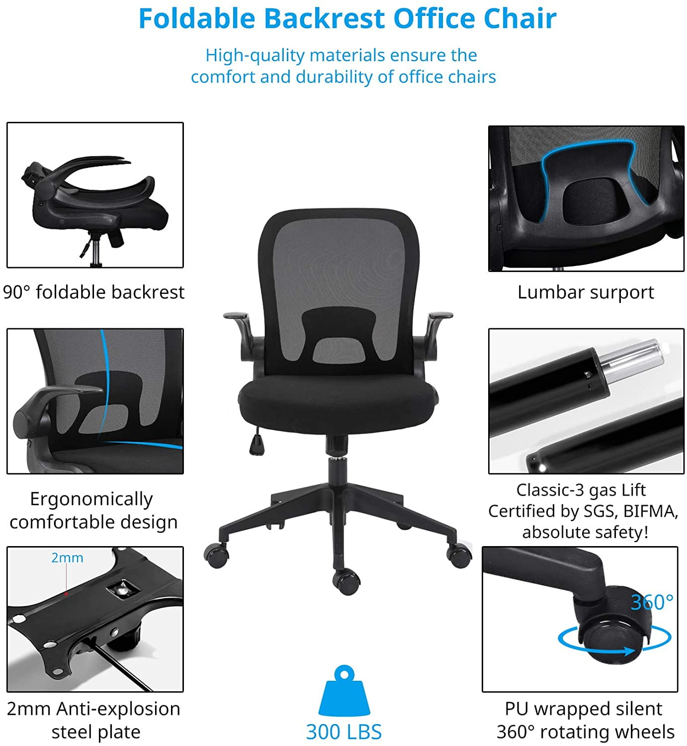 IPKIG Ergonomic Office Chair Mesh with Foldable Backrest, Mesh Home Office  Computer Task Desk Chairs with Adjustable Arms and 360 Degree Universal  Wheels (Black) 
