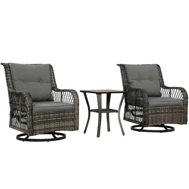 3-Piece Outdoor Bistro Set, Grey PE Rattan Patio Furniture with 360° Swivel Glider Chairs and 2-Tier Table, Weather-Resistant Set for Balcony, Porch, and Small Garden Spaces