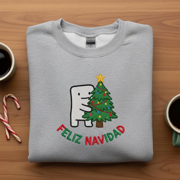 Embroidered Feliz Navidad Sweatshirt, Cute Marshmallow Man Tree Crewneck, Spanish Christmas Sweater, Holiday Tree Hugger Gift