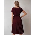 thumbnail image 2 of Burgundy Pleated A-Line Self-Belted Short Sleeve Dress With Boat Neck, 2 of 5