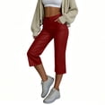thumbnail image 6 of Women’s Faux Leather Capri Pants Elastic High Waist with Zipper & Button Closure, Loose Straight Wide Leg Cropped Trousers with Pockets Red, 6 of 9