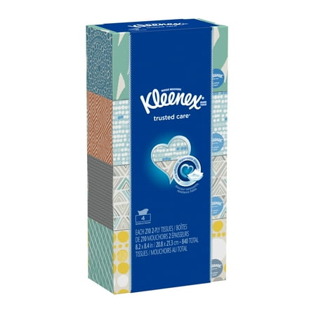 Kleenex Trusted Care Everyday Facial Tissues, Flat Box, 210 Tissues per Flat Box, 4 Pack
