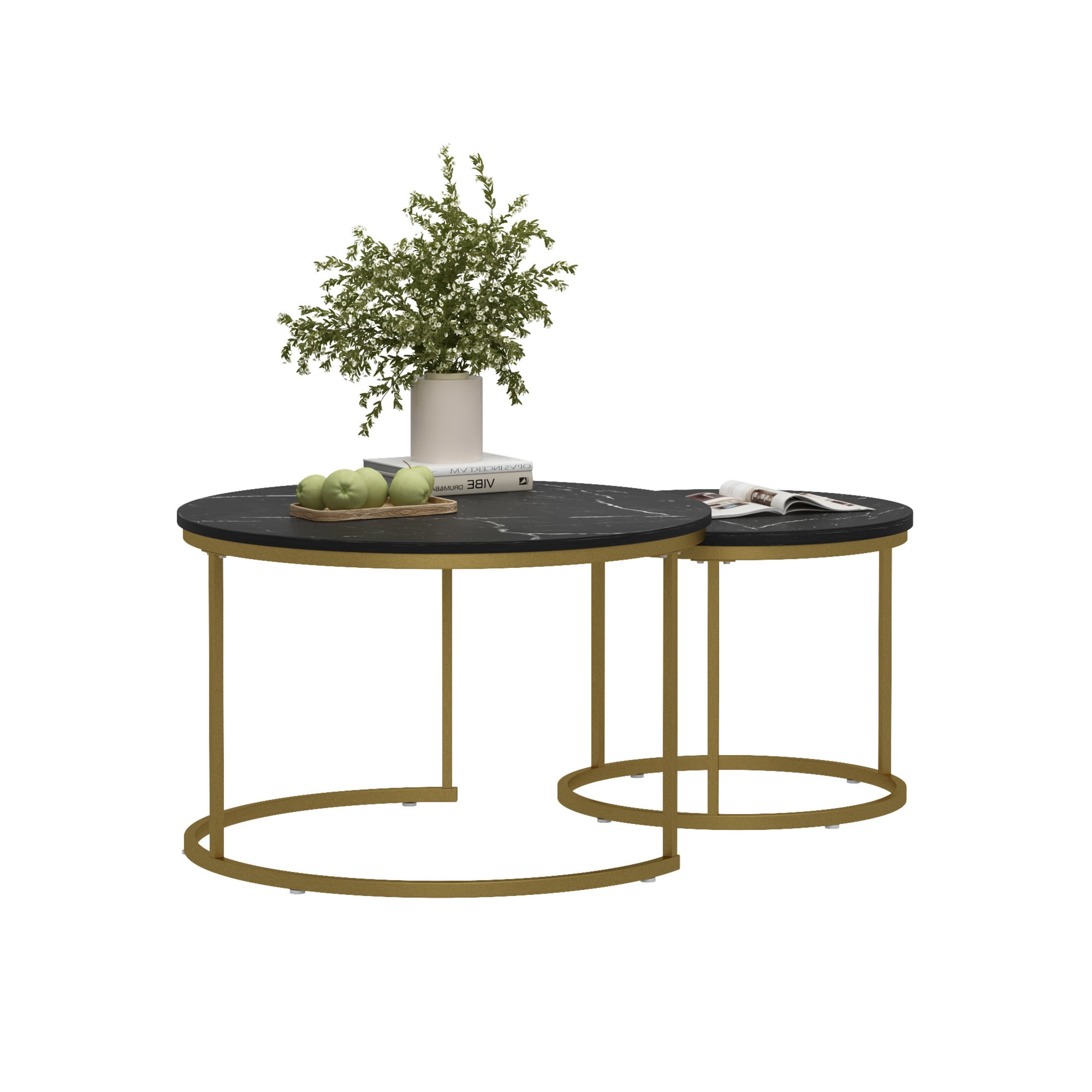 Noble House 27.6" Round Nesting Coffee Table with Marble Top, Wooden Side End Tables for Living Room, Black, Set of 2