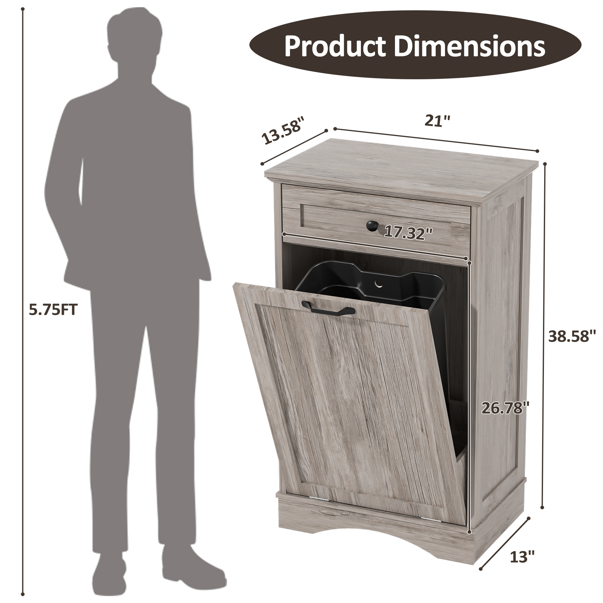 HARIPUL 13 Gallon Tilt Out Trash Cabinet for Kitchen, Single Kitchen Trash Can Cabinet with Drawers, Light Brown
