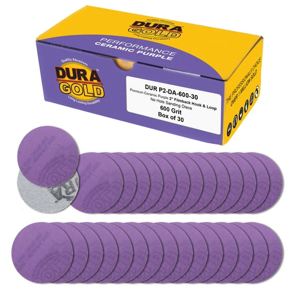 Dura-Gold Premium 600 Grit 2" Purple Film Ceramic Sanding Discs, Box of 30 - Hook & Loop Backing Sandpaper for DA Sander, Drill, Grinder, Rotary Tool - Sand Auto Body Paint, Metal, Wood, Woodworking