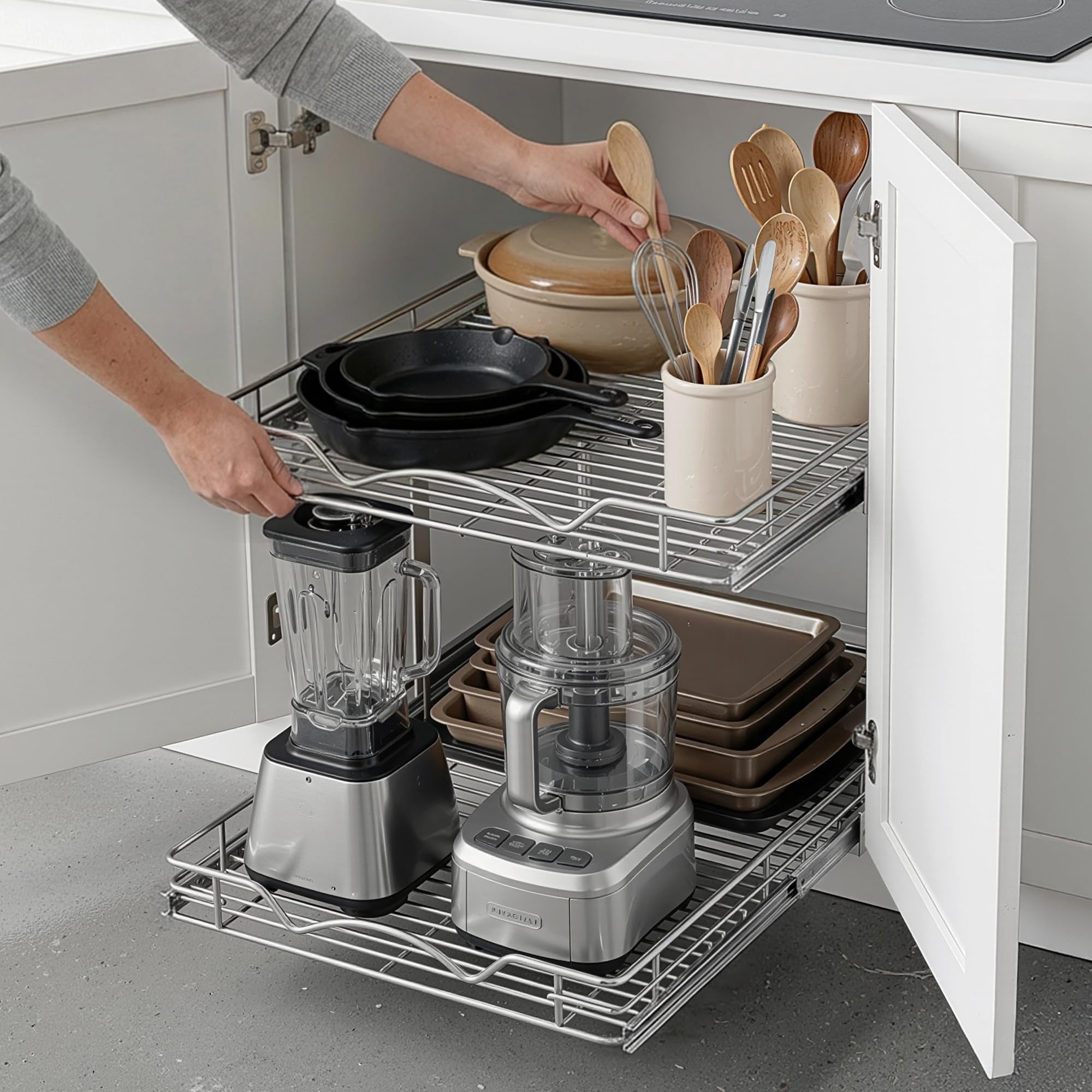 HOLDN' STORAGE 2-Tier Pull Out Cabinet Organizer Heavy Duty Steel Sliding Shelves for Kitchen Pantry and Under Sink Cabinets 8" W x 21" D x 16.5" H