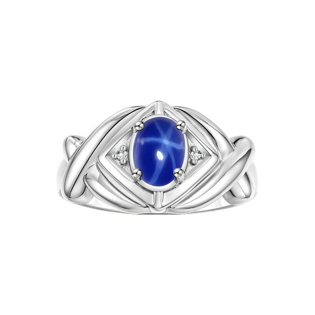 RYLOS Rings for Women Sterling Silver Ring XOXO Hugs & Kisses 7X5MM Gemstone & Diamond Blue Star Sapphire Jewelry Size 10