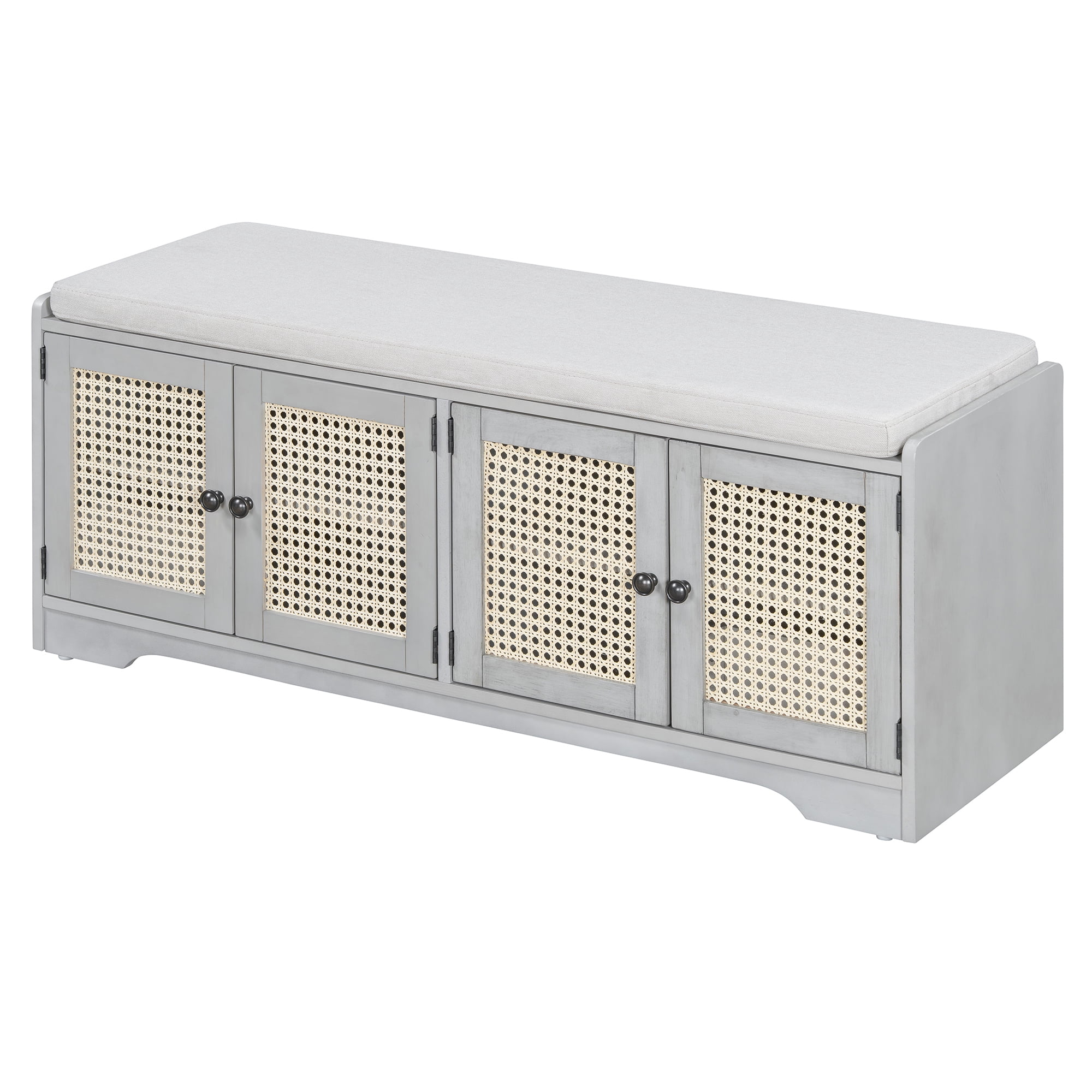 Euroco Multifunctional Storage Bench, Wood with Woven Rattan Doors, Gray