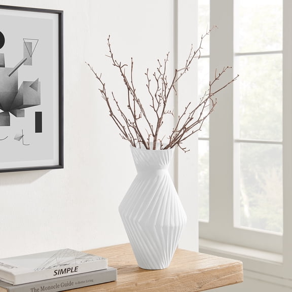 Eos Minimal White Contemporary Ribbed Angular Glass Tabletop Vase
