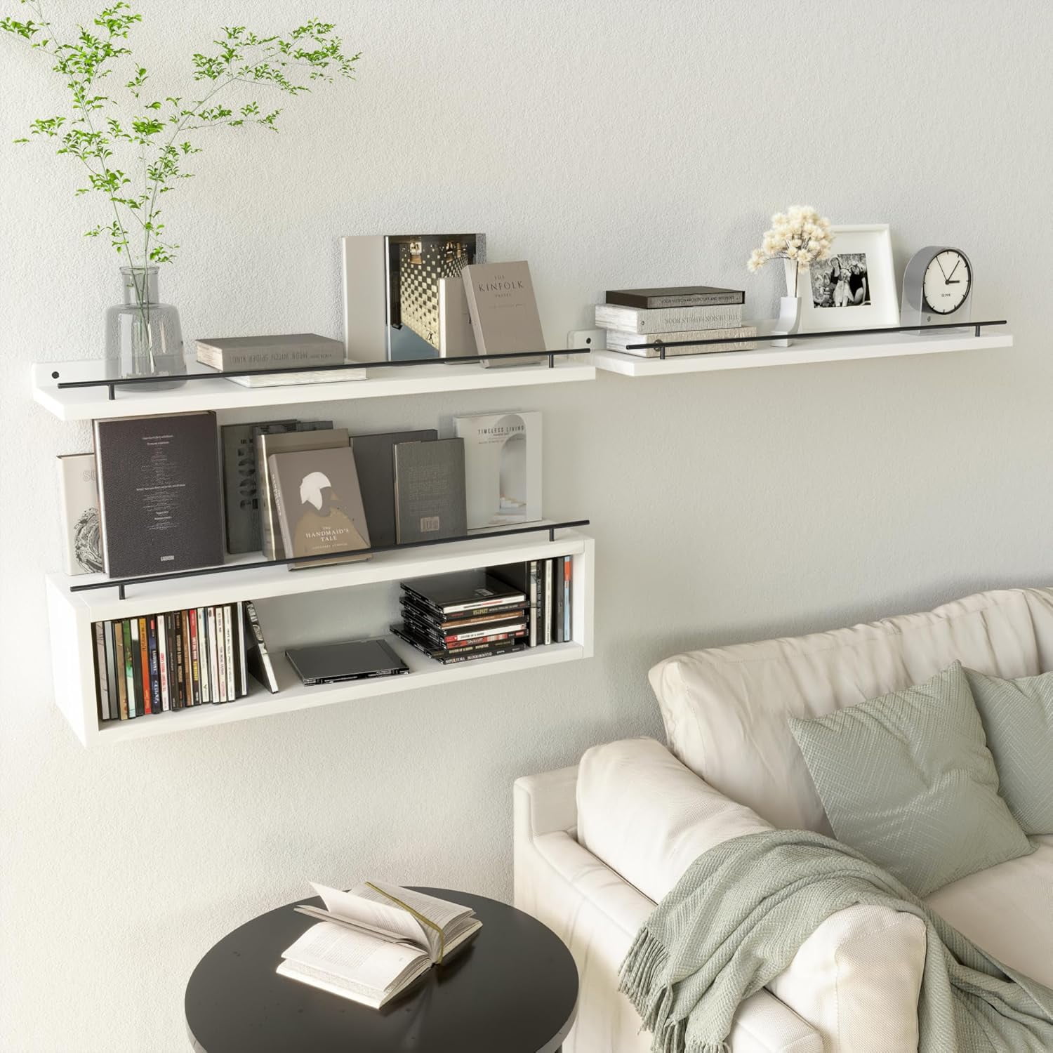 Floating Shelves for Wall 24 inch with Cube Shelf, Wall Shelves with Metal Rail for Bathroom Decor, Bathroom Organizers and Storage, Over Toilet Shelves, Toilet Paper-White
