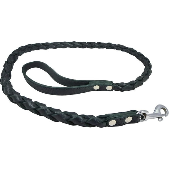 Black 4-thong Round Fully Braided Genuine Leather Dog Leash, 4 Ft Long, Large Breeds