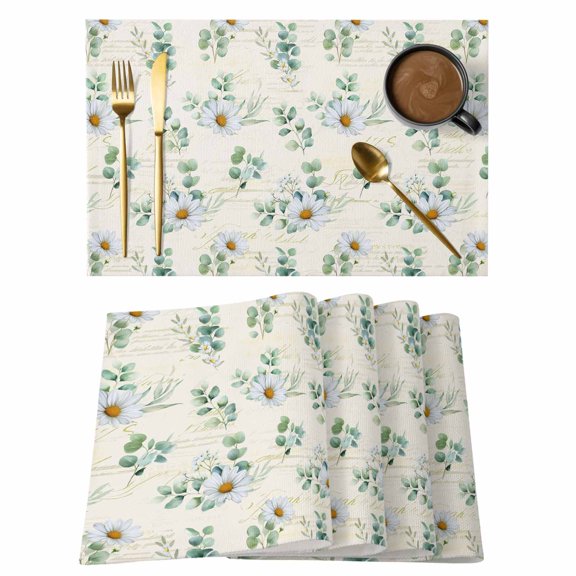 Daisy Placemats Set of 8, Spring Floral Eucalyptus Leaves Botanical Beige Placemats for Dining Table, Place Mats for Kitchen Tabletop, Waterproof Wipeable Dining Table Mats Set