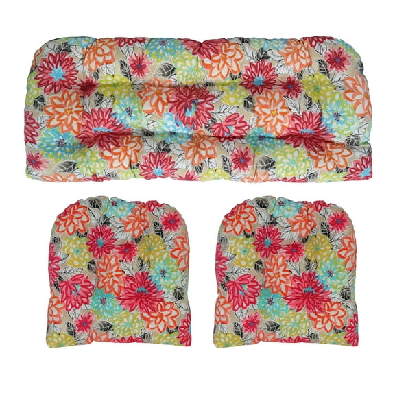 RSH Decor: 3-Piece Wicker Tufted Cushion Set | Standard | All-Weather Spun Fabric | Artistic Floral