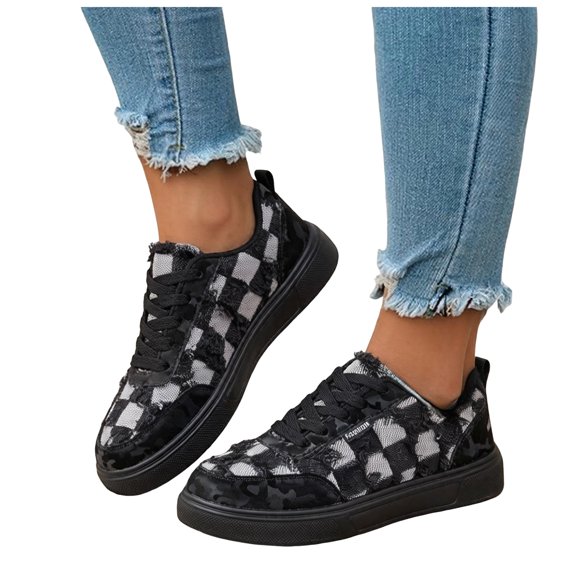 Rokment Womens Distressed Checkered Denim Platform Fashion Sneakers Casual Canvas Lace up Low Top Walking Flat Tennis Skate Shoes Spring Fall