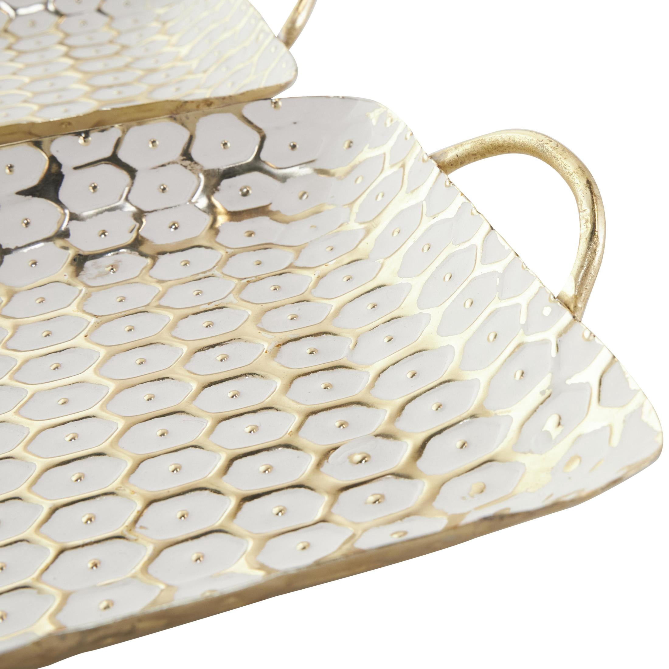 DecMode 19", 19"W Gold Metal Geometric Dot Geometric Tray with White Accents, 2-Pieces