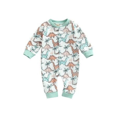 

Baby Boys Jumpsuit Infant Cartoon Dinosaur Print Long Sleeves Button Romper
