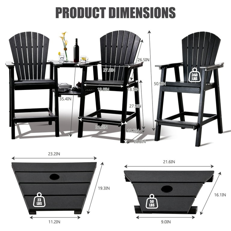 Tall Adirondack Chairs Set of 2 Outdoor Adirondack Barstools with Double Connecting Tray Patio Stools Weather Resistant for Outdoor Deck Lawn Pool