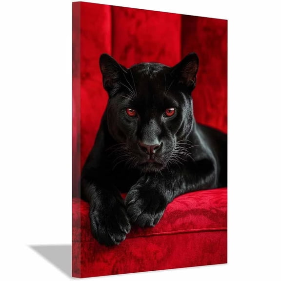 Sleek Black Panther Crimson Velvet Plush Sofa Framed Canvas Print,Luxe Gothic tiger Illustration for Powder Washroom Ready to Hang-12"L x 8"W