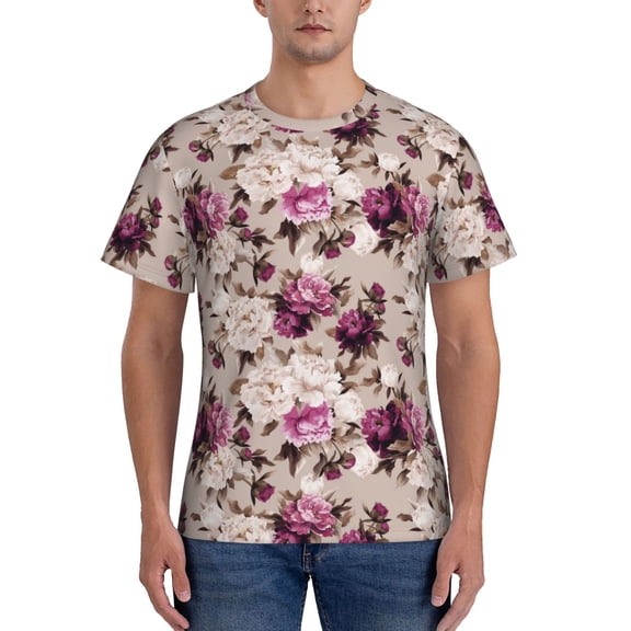 Vsdgher Rose Flowers Print Men's Dry Fit Mesh Athletic Shirts Moisture Wicking Tennis T-Shirt Tops