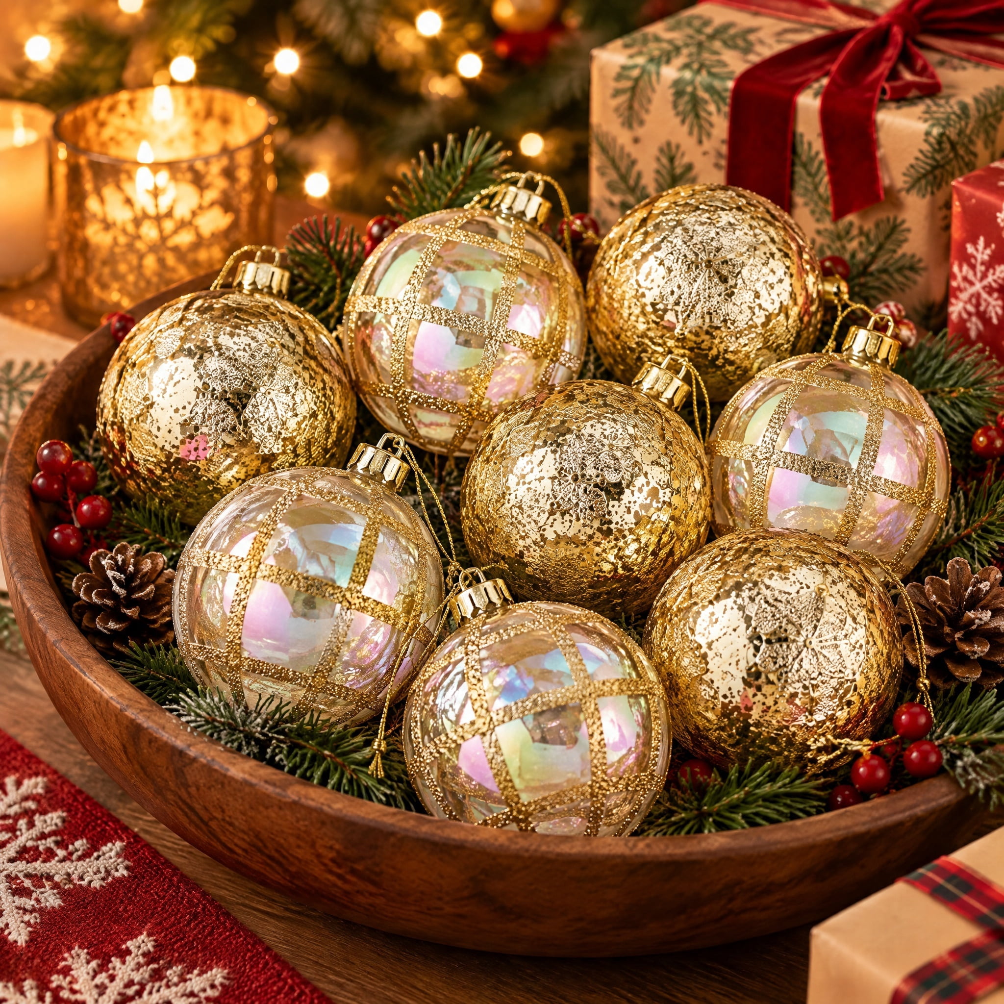 8-Count Gold and Iridescent Vintage-Style Shatterproof Christmas Ornaments, 4.3", by Holiday Time