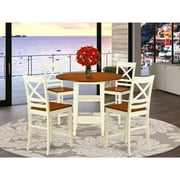 HomeStock Suburban Soiree 5 Piece Sudbury Set With One Round Counter Height Dinette Table And 4 X Back Dinette Stools With Wood Seat In A Warm Buttermilk And Cherry Finish.
