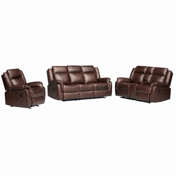 3-Piece Living Room Set Faux Leather Reclining Sofa Set & Drop Down Table Brown