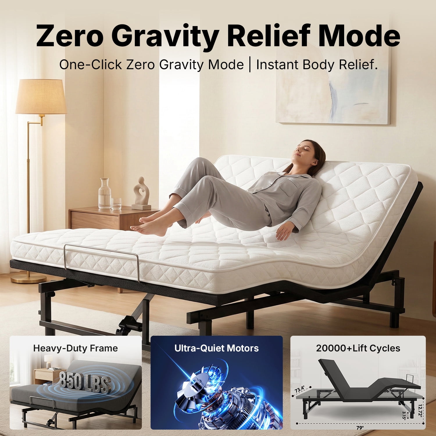 Queen Size Adjustable Bed Frame with Wireless Remote, Zero Gravity & Head & Foot Incline, Heavy-Duty Steel Frame, Whisper-Quiet Motor, Easy Installation