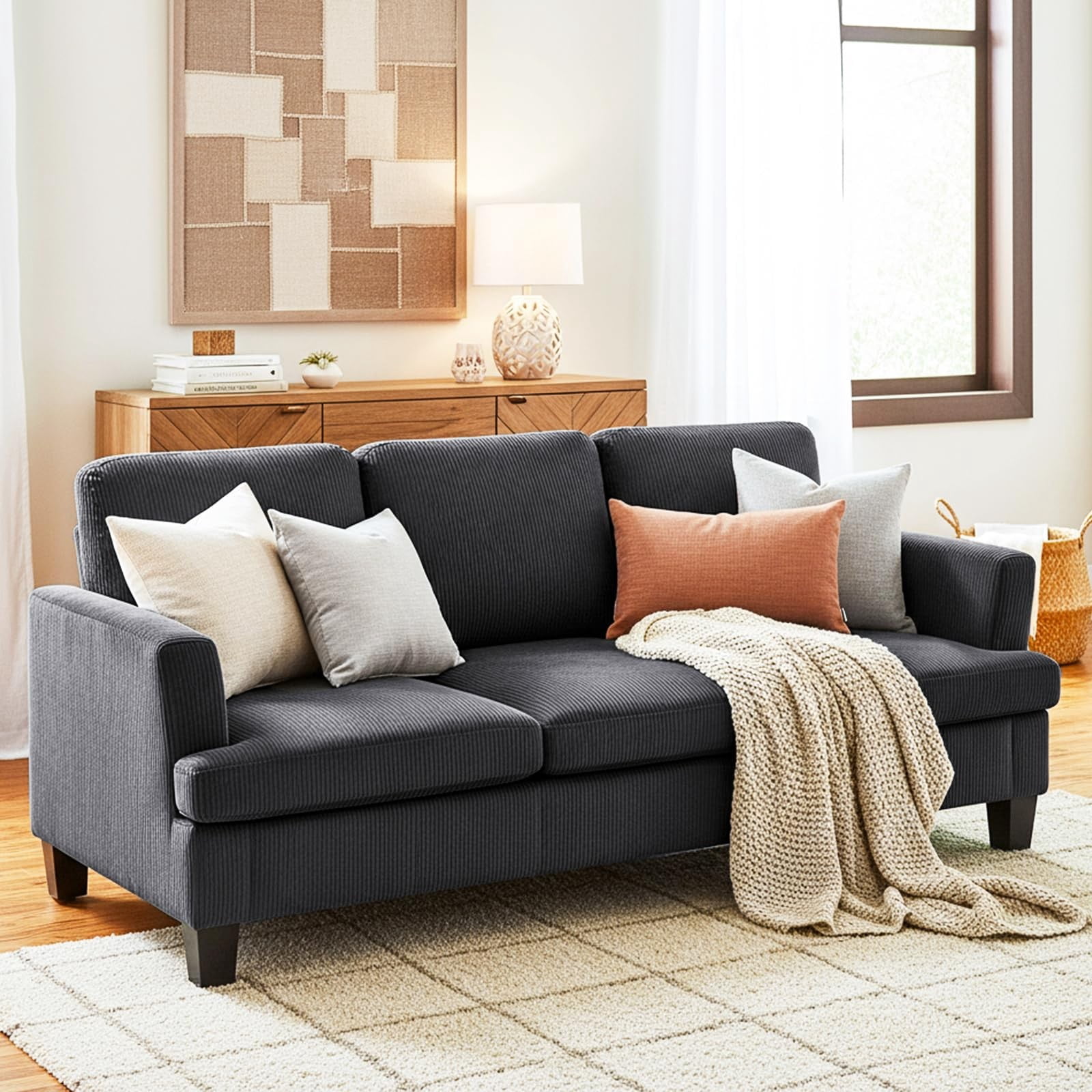 84" Mid Century Modern 3 Seater Sofa Couch, Deep Seat Corduroy Upholstered Sofa with Armrests for Living Room, Bedroom & Apartment, Dark Gray