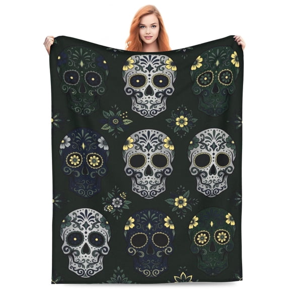 Sugar Skull Throw Blanket, Halloween Flannel Blanket for Couch, Soft Cozy Warm Blanket for Home 50x40