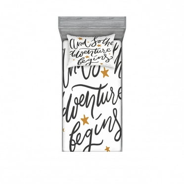 Saying Bedding Set with Sheet & Covers, Star Motifs and Lettering and so Adventure Begins Message in Hand Caligraphy, Printed Bedroom Decor 2 Shams, 4 Sizes, Black Yellow, by Ambesonne