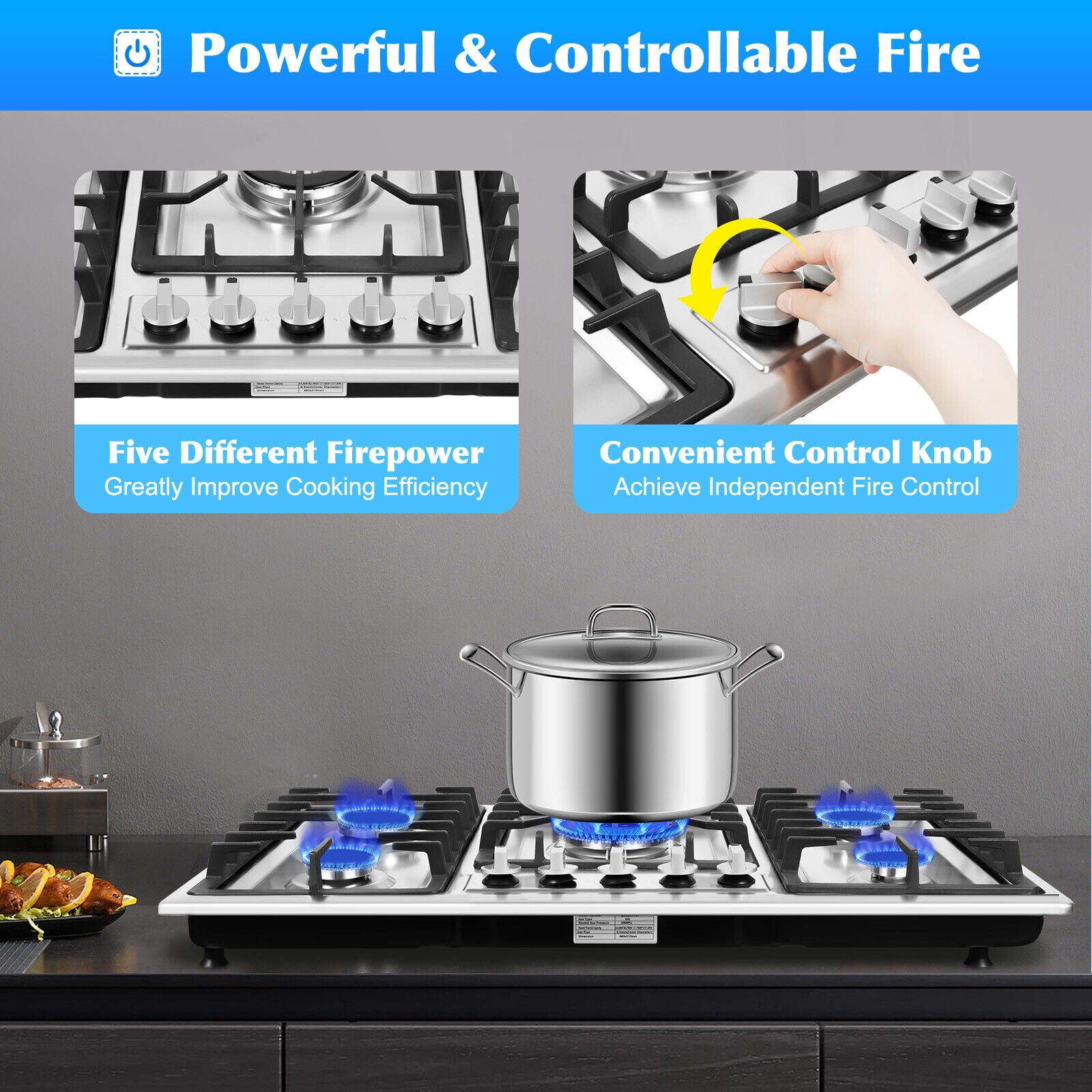 34" Gas Stove Cooktop with 5 Burners Kitchen, Stainless Steel Cooker Built-in NG/LPG Gas Cooktop