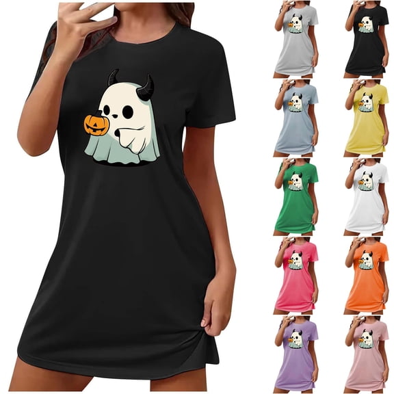 Ounisa Women's NIghtgown Pajamas Short Sleeve Fashion Halloween Cute Casual Printed Comfort Loose Short Nightdress