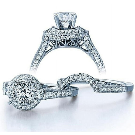 Moissanite Wedding Ring 2.50 Carat Princess cut Diamond Moissanite Ring Set in 10k White Gold