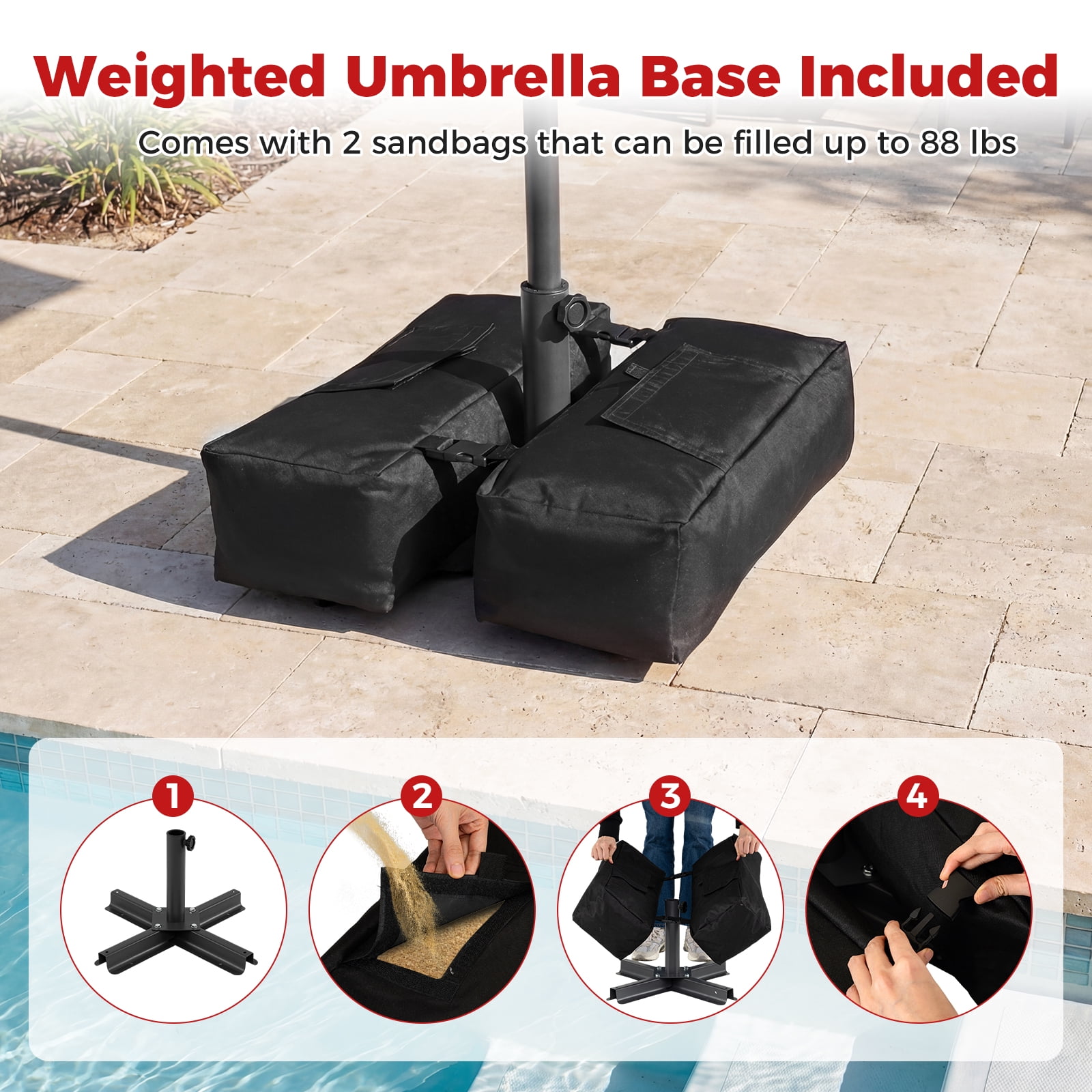 Costway 10 FT Outdoor Patio Umbrella with 32 Solar LED Lights & Weighted Base, Sandbags Red