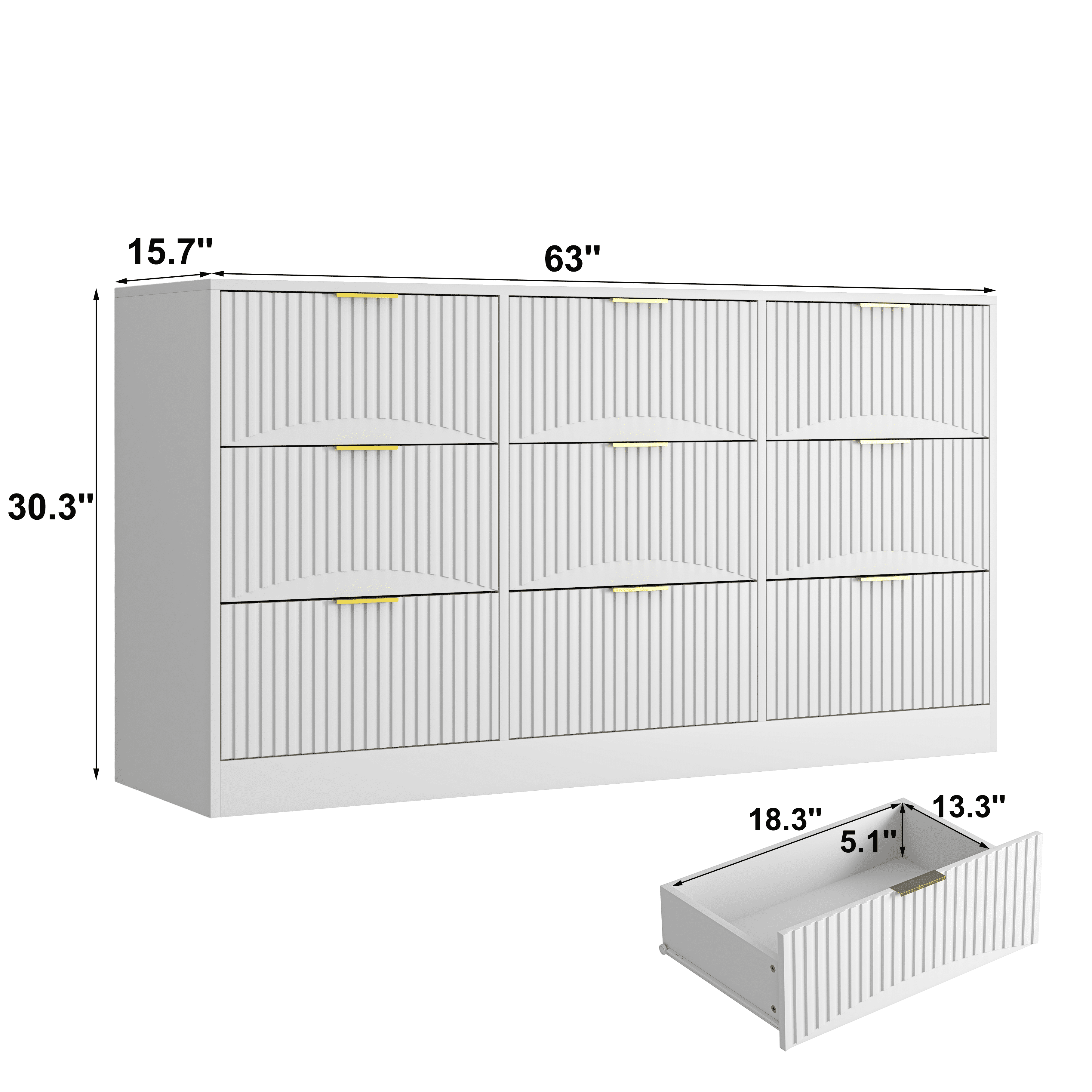 Mintazer 63" Wide Dresser with 9 Drawer, Modern Chest Cabinet with Wavy Fluted Panel & Gold Metal Handles for Bedroom Entryway, White