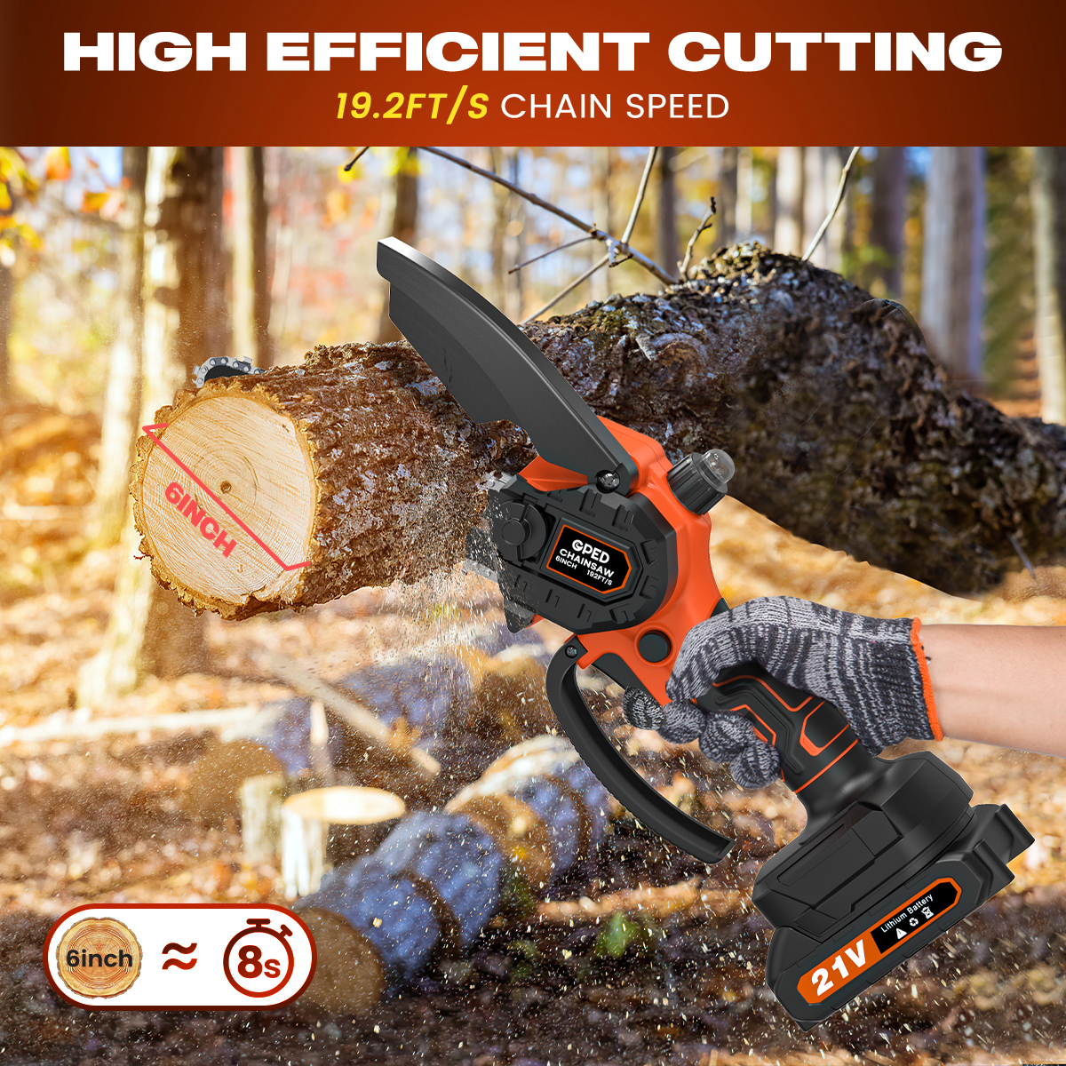 GPED 6 Inch Mini Chainsaw Cordless with 2 Batteries, Automatic Oiler Portable Electric Chain Saw, Hand Saw for Wood/Trees Cutting, Household and Garden, Father's Day Gift for Men Dad Husband, Orange
