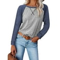thumbnail image 4 of SHIBEVER Fall Fashion Color Blocked Tunics Tops For Women Long Sleeve Crew Neck Cross Split T Shirts Blouses Greyblock, 4 of 6