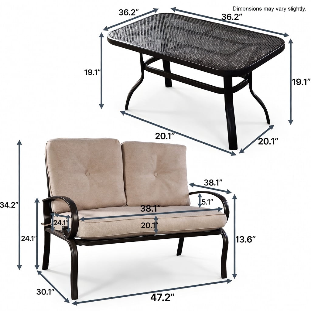 Hommoo 2-Piece Outdoor Patio Furniture Set, Cushioned Loveseat & Coffee Table with 4" Thick Cushions, Steel Frame, Easy-Clean Olefin Fabric, Beige