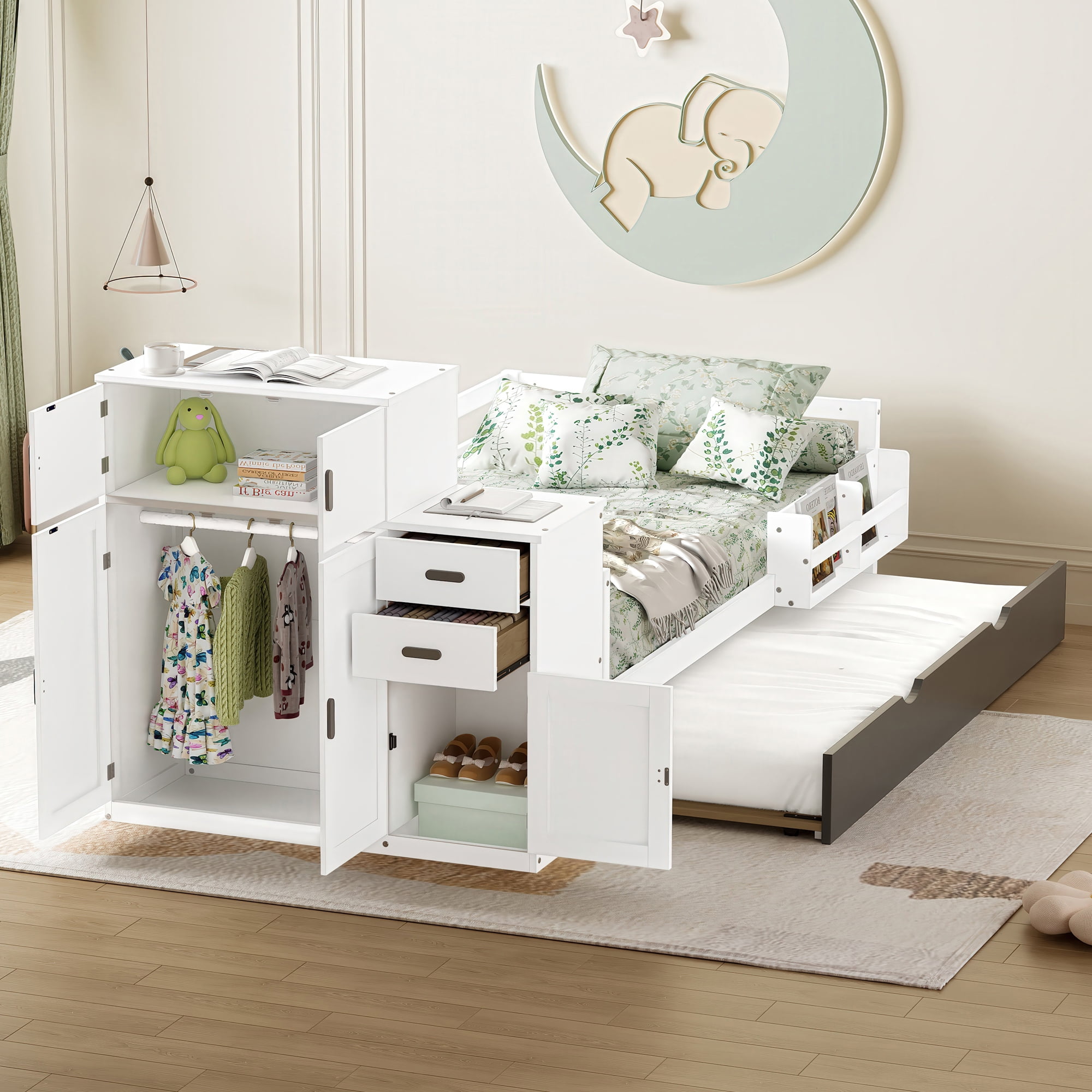 Euroco Wood Twin Size Daybed with Trundle, Storage Bed with Bookcase and Wardrobe, White