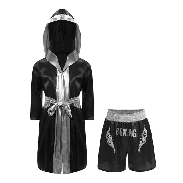 Sinleey Costumes de Boxe pour Enfants Garçons Filles Tenues de Fête 2 Pcs Robe Kickboxer et Shorts de Boxe Noir&Argent 10