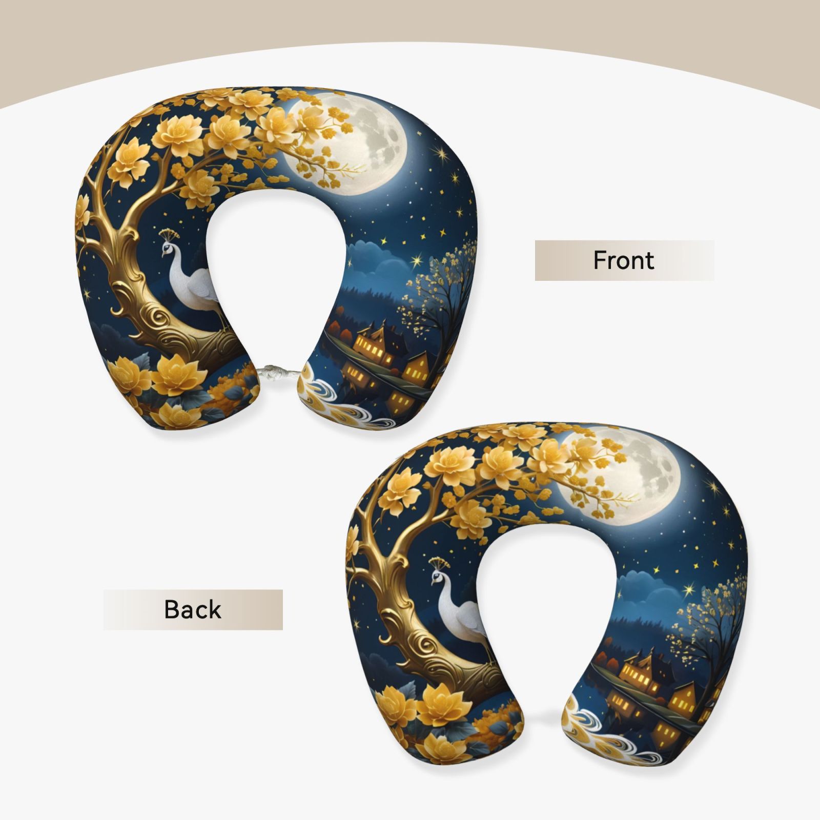 Xecao Moonlit Golden Tree Peacock Print Memory Foam Cervical Neck Pillow Versatile U-Shaped Pillows for Home,Office,Camping,Travelling,Soft Washable Cover