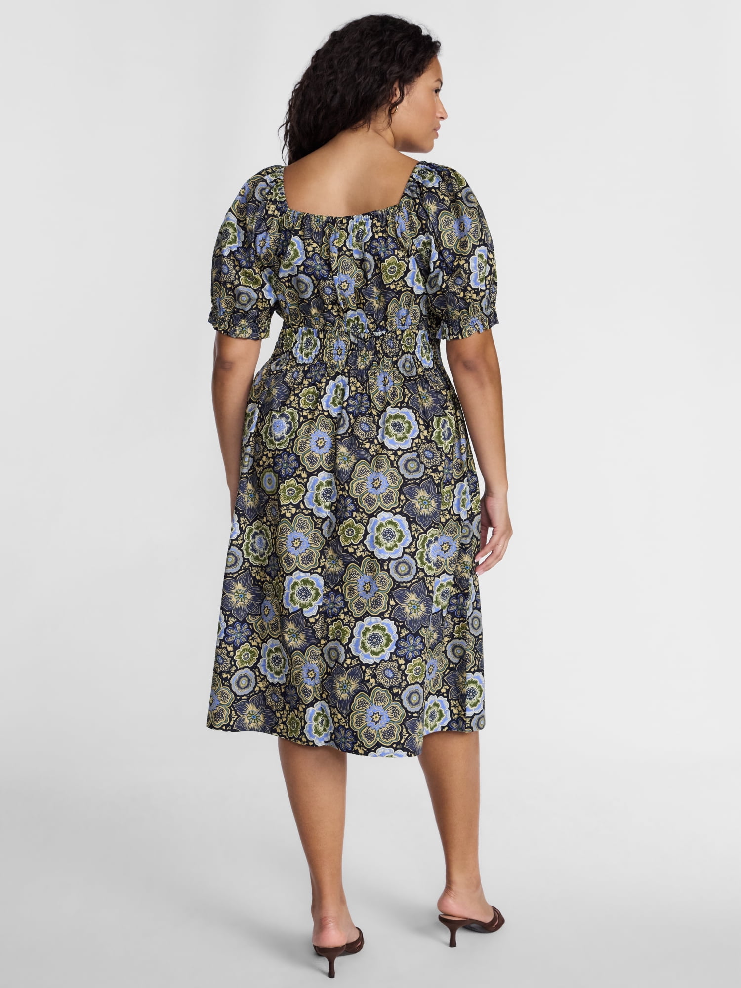 Terra & Sky Women's Plus Smocked Cotton Midi Dress with Short Puff Sleeves, Sizes- 0X-5X