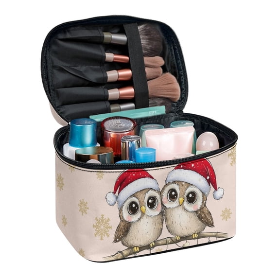 CHAQLIN Polyester Makeup Bag for Travel Office, Fold Flat Portable Cosmetic Bag, Christmas Birds and Snowflakes