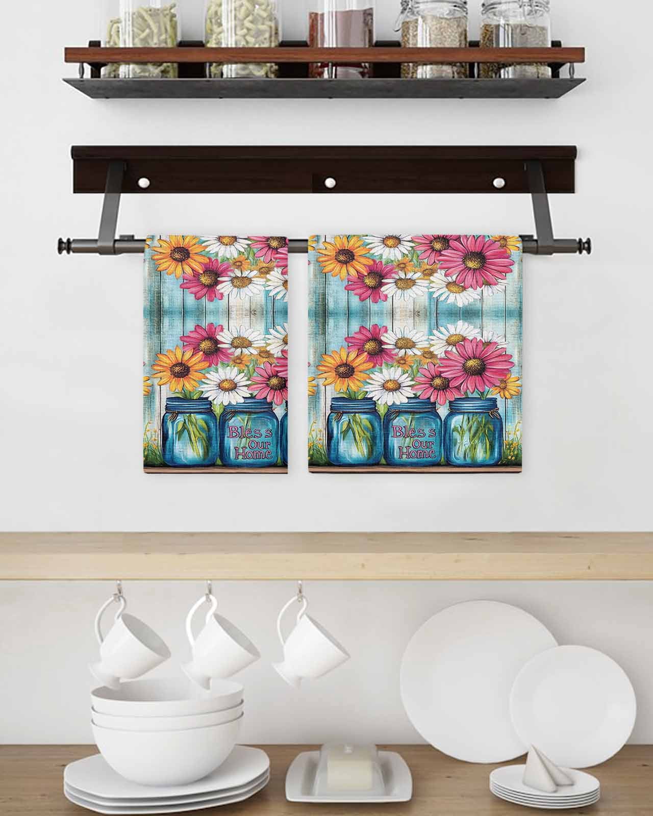 Red White Daisy Kitchen Dish Towels for Drying Dishes Set of 3, Vintage Bottle Teal Wooden Grain Waffle Weave Microfiber Terry Hand Tea Bathroom Towels Quick Dry & Absorbent Towel 15.7x23.6