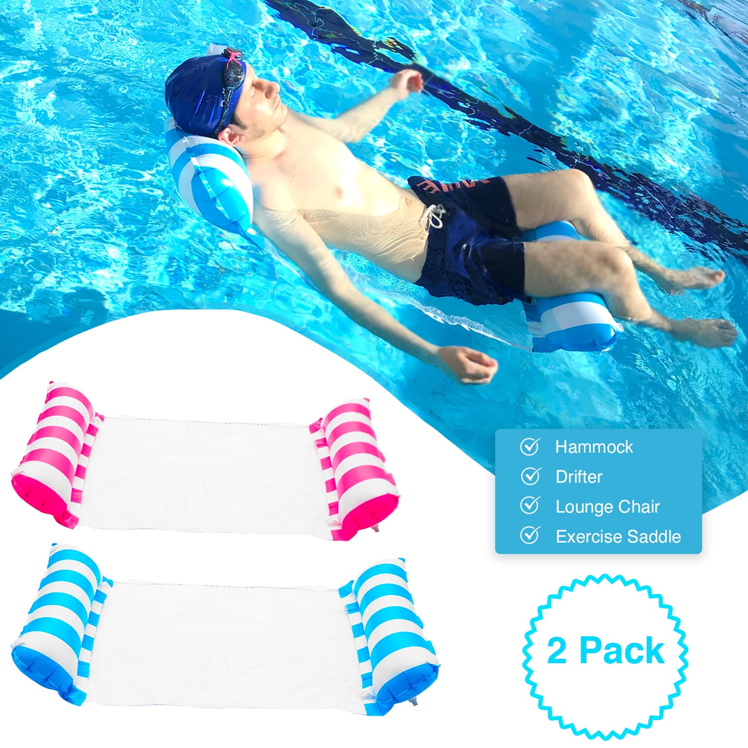 2 Pack Inflatable Water Hammock, Air Mattress, Aqua Lounger & Floating