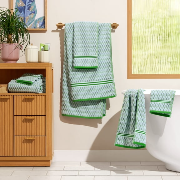 Beautiful by Drew Barrymore 6-Piece Staggered Tile Bath Towel Set, Soft 100% Cotton, Green