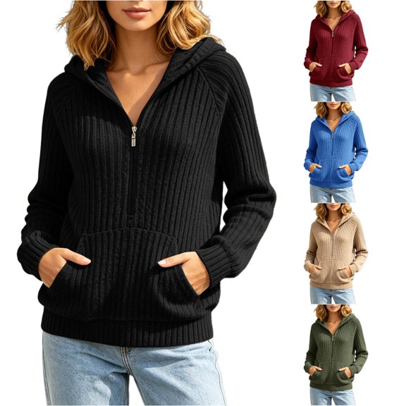 XAOFW Knit Hoodies For Women Solid Color Long Sleeve Hooded Sweatshirt Autumn Winter Relaxed Fit Pullover Hoodie With Pockets Breathable Tops L